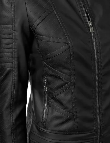 Vista 3 de Lock and Love Chaqueta de moto de cuero vegano de corte ajustado para mujer, abrigo de motocicleta de PU