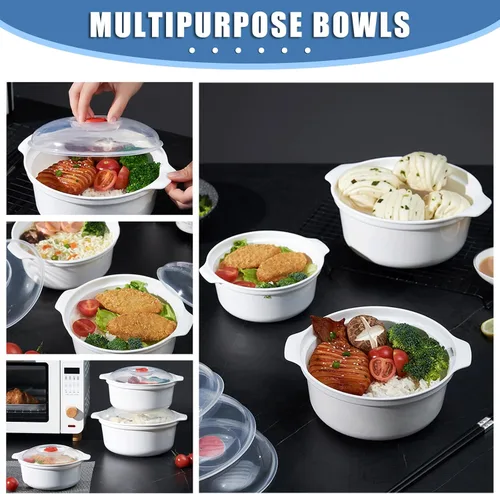 Vista 8 de Tazones para microondas de 3 piezas con tapas, aptos para microondas, platos aptos para microondas para calentar alimentos, artículos esenciales
