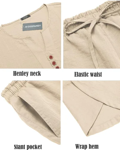 Vista 5 de COOFANDY Conjunto de 2 piezas de lino para hombre, camisa Henley de manga corta y pantalones capri harén, pierna ancha, holgados, pantalones de yoga
