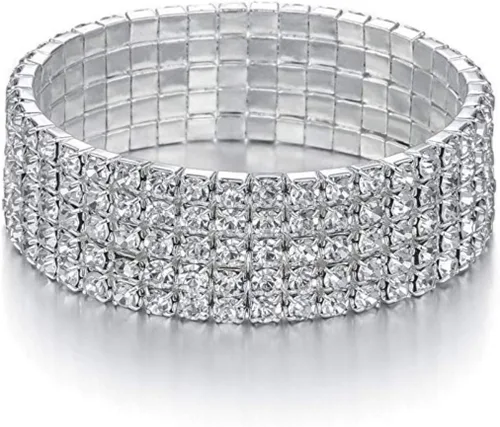 Vista 5 de Harlorki Pulsera elástica elástica de 5 filas con diamantes de imitación brillantes para niña, joyería de moda, Plástico, cristal