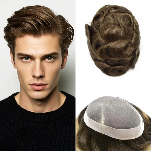 Vista 22 de Fine Mono Men Hair System Mens Toupee Real Human Hair Pieces For Men's Toupee Hair System For Men Hair Piece Natural Hairline 6X8 densidad de luz