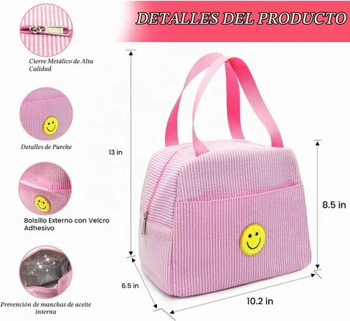 Vista 5 de Lonchera para mujeres, niñas y hombres, lindas bolsas de felpilla con cara sonriente, reutilizable, aislada, gran capacidad, reutilizable, aislada