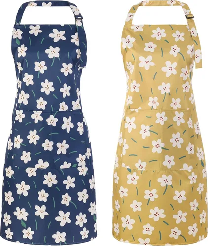 Vista 8 de Paquete de 2 delantales florales para mujer con bolsillos, delantal de cocina ajustable para cocinar, hornear, jardinería, manualidades