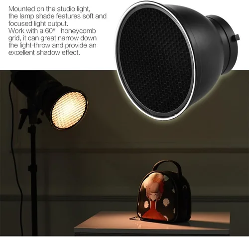 Vista 5 de Andoer Lámpara de difusor plano reflector estándar de 7 pulgadas con rejilla de panal de 60° para montaje Bowens para Flash Studio Strobe Speedlite
