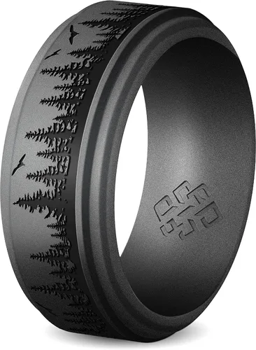 Vista 18 de Knot Theory Anillo de silicona para hombre, grabado de montaña, ondas, bosque, ancho de banda de 0.315 pulgadas, transpirable, ajuste cómodo