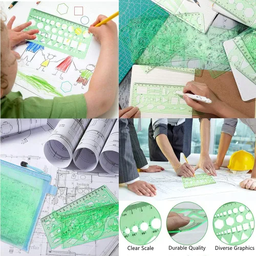 Vista 5 de Plantillas de dibujo de geometría reglas de plástico verde transparente multifunción para diseño de oficinas, encofrados de edificios escolares, 1