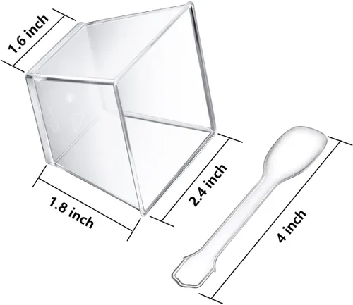 Vista 2 de Vasos de postre de plástico de 3.8 onzas con cucharas, paquete de 50 unidades, mini tazas de postre cuadradas transparentes para aperitivos, tazas