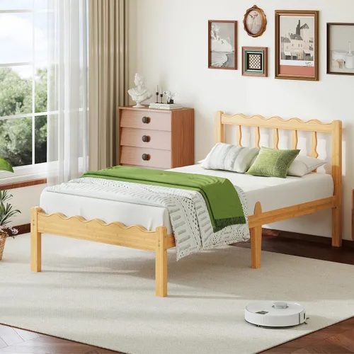 Vista 7 de Base de cama de bambú individual de 14 pulgadas con cabecera ondulada de mediados de siglo, cama de plataforma de madera maciza resistente