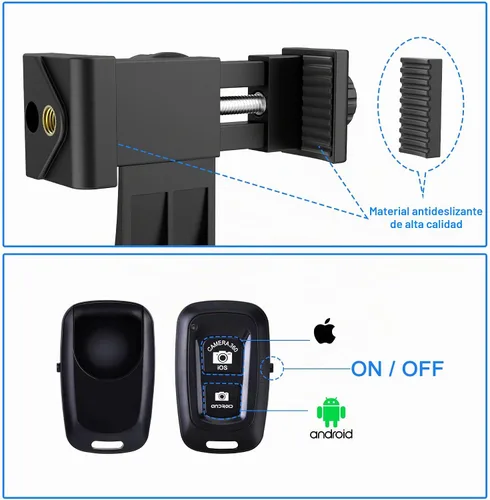 Vista 4 de Adaptador universal de trípode para teléfono con control remoto de cámara inalámbrico, soporte para teléfono celular con abrazadera ajustable