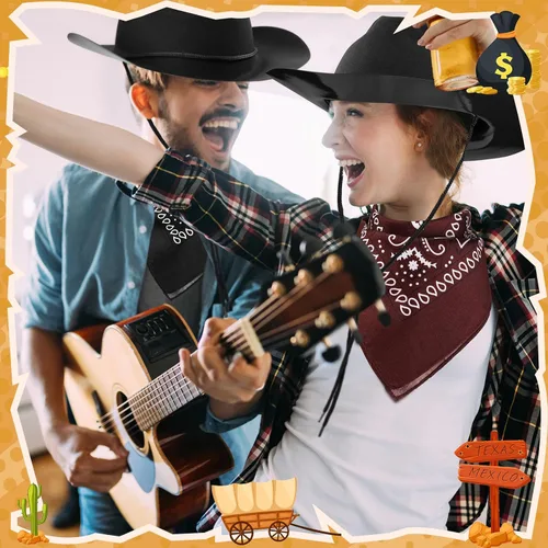Vista 6 de Hillban Paquete de 48 sombreros de vaquero y bandanas, sombreros de vaquero de plástico de fieltro para mujeres y hombres, suministros de fiesta