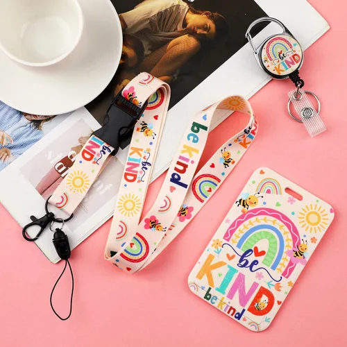 Vista 5 de Be Kind - Cordón con soporte para tarjetas, soporte para tarjetas de arcoíris con carrete retráctil para insignias, cordón desmontable y lindo