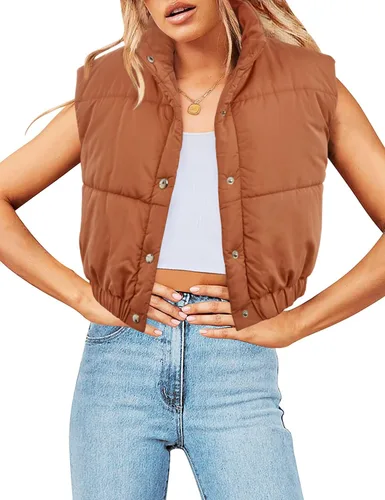 Vista 3 de Ybenlow Chaleco acolchado recortado para mujer, cuello alto, con botones, ligero, acolchado, sin mangas, chaqueta de invierno