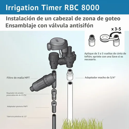 Vista 8 de DIG RBC 8000 Controlador automático de riego alimentado por batería con válvula antisifón de 3/4 pulgadas, avanzado, seguro y conveniente