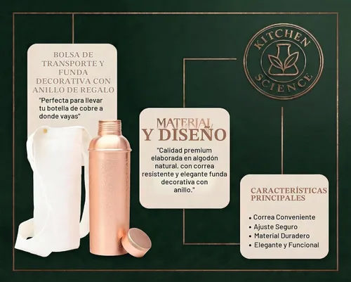 Vista 2 de Kitchen Science Auténtica botella de agua de cobre de 34 oz/33.8 fl oz con bolsa de transporte y funda, probada en laboratorio, a prueba de fugas