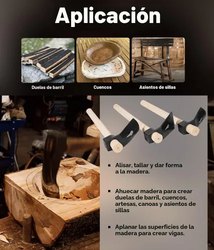 Vista 3 de Juego de herramientas para tallar madera para carpintería Adze, incluye adze recto, curva grande Adze y curva pequeña Adze (3PCS)