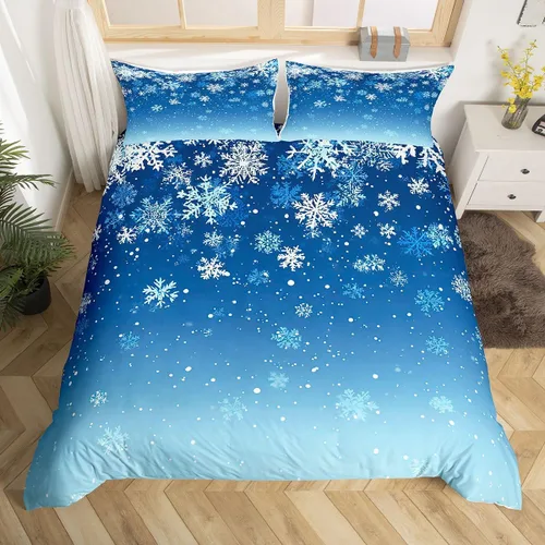 Vista 19 de Juego de ropa de cama de Feliz Navidad, funda de edredón azul con árbol de Navidad para niñas y niños, elegante funda de edredón de copo de nieve