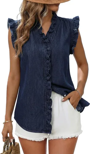 Vista 10 de Dokotoo Chaleco de mezclilla para mujer, casual, de verano, con botones, peplum, cuello en V, sin mangas, camisa de mezclilla