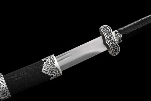 Vista 3 de Espada china, sable de oro negro (cuchillas de acero forjadas de alto carbono, vaina de cuero sintético) tratamiento térmico