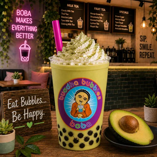 Vista 4 de Mezcla de bebida de té Boba de aguacate prémium en polvo Buddha Bubbles Boba 1 kilo (2.2 libras) (35.27 oz)