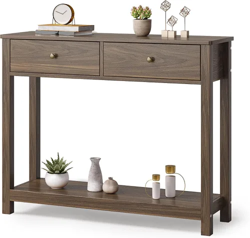 Vista 3 de Gizoon - Mesa de consola con 2 cajones, mesa de entrada de 2 niveles de madera con estantes de almacenamiento, mesa de sofá de 39" de ancho