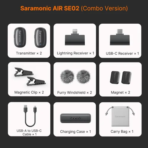 Vista 9 de Saramonic Micrófono inalámbrico Air SE para iPhone y Android, receptor dual (USB-C + Lightning), cancelación de ruido AI, 48 kHz/24 bits