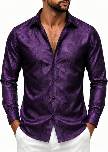 Vista 12 de DiBanGu Camisa de vestir de paisley de seda para hombre, formal, de manga larga, con cuello abotonado, camisas informales para fiesta de boda Negro