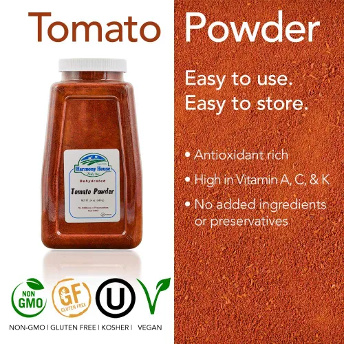 Vista 2 de Tomate desecado en polvo de Harmony House Foods (6 onzas, bolsa con cierre) para cocinar, camping, suministros de emergencia, y más.