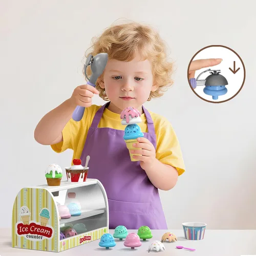 Vista 5 de Juego de helado para niños - Juguetes de simulación para niñas de 3 a 4 años Comida para mostrador de helados con delantal, cuchara, menú, dinero
