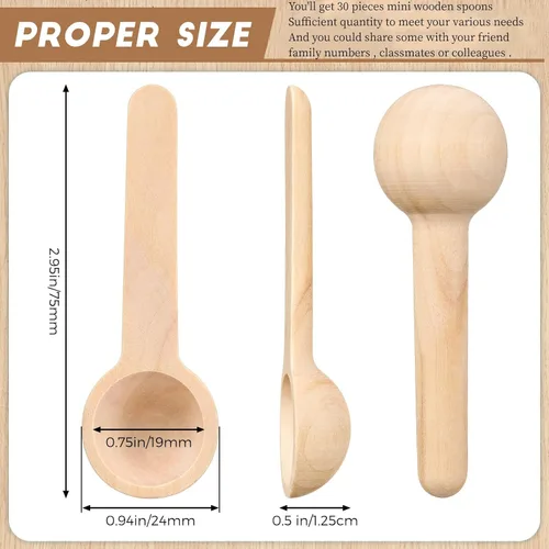 Vista 2 de Patelai 30 mini cucharas de madera a granel de 3 pulgadas pequeños condimentos pequeños frascos pequeños cucharas para café, condimentos de miel