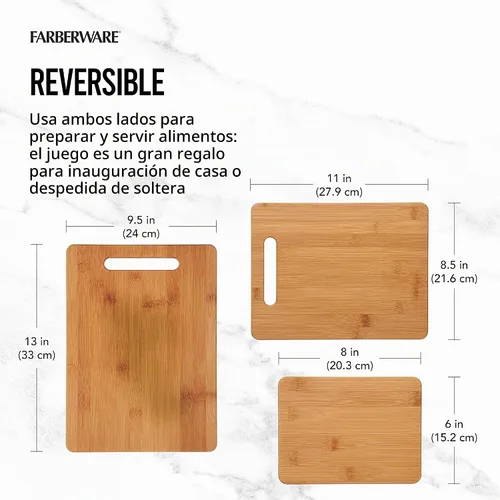 Vista 5 de Farberware Juego de tablas de cortar de madera de 3 piezas, tablas de cortar reversibles para preparación y servir comidas, tablas de charcutería