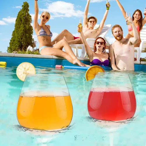 Vista 2 de Copas de vino flotantes para piscina con tapas de taza, juego de 2, copas de vino inastillables junto a la piscina, taza flotante, tina de piscina