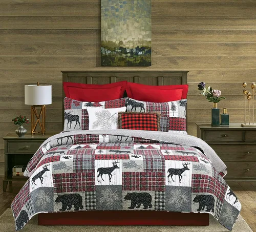 Vista 2 de C&F Home Hayden - Juego de edredón de 3 piezas, tamaño matrimonial/queen, estampado de retazos grises, cabaña de cabaña, rústico, 100% algodón