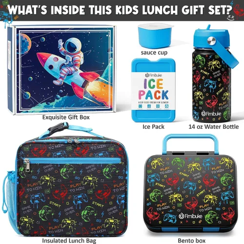 Vista 2 de Fimibuke Lonchera Bento para niños – Caja de aperitivos Bento para niños pequeños con 3 compartimentos, botella de agua aislada de acero inoxidable