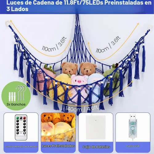 Vista 6 de Hamaca de animales de peluche, hamaca de macramé de almacenamiento de 55 pulgadas con 75 LED, red colgante para dormitorio de niños, organizador