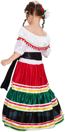 Vista 4 de Megartico Vestido largo tradicional mexicano de Halloween para niñas, disfraz clásico de baile