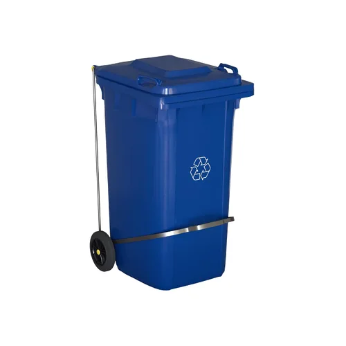 Vista 6 de Bote de basura rectangular con ruedas negras de 50 galones para exteriores con tapa y accesorio de paso, eliminación manos libres para uso comercial