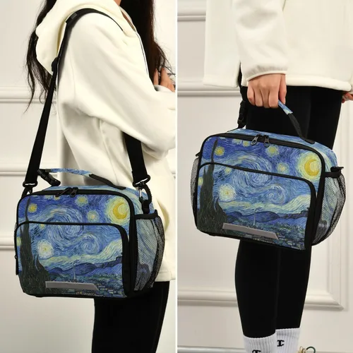 Vista 5 de Vangogh - Lonchera para niños con diseño de noche estrellada, organizador de doble aislamiento, impermeable y reutilizable, bolsa de comida