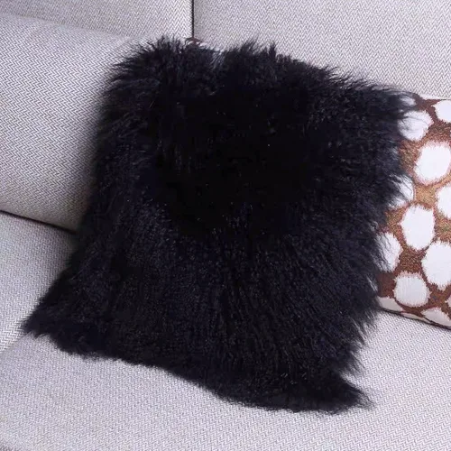 Vista 8 de Funda de cojín/funda de almohada de piel de cordero mongol 100% real (20 x 20 pulgadas, negro)