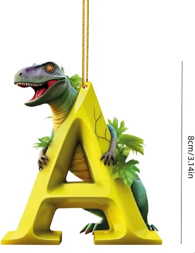 Vista 2 de Adorno de Navidad personalizado de dinosaurio de 26 letras, adornos colgantes 2023, monograma inicial de plástico, decoraciones de árbol de Navidad