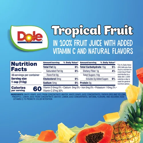 Vista 2 de Dole Cuencos de Fruta Fruta Tropical en Jugo 100%, Aperitivos de 4oz, 36 Tazas en Total, Sin Gluten y Sin Lácteos, Aperitivos de Almuerzo a Granel