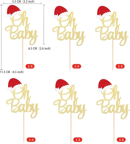 Vista 2 de Gexolenu 24 piezas de adornos de Navidad para cupcakes Oh Baby, con purpurina de doble cara, para sombrero de Papá Noel rojo para Navidad, baby