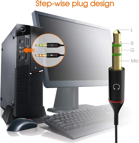Vista 4 de Audífonos y micrófono Maeline bañado en oro de 3.5 mm hembra a 2 macho y Splitter de cable plano