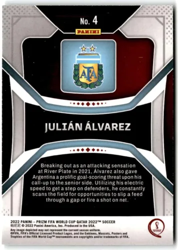 Vista 2 de Panini Prizm Copa Mundial de la FIFA Qatar #4 Julian Alvarez Argentina - Tarjeta de intercambio oficial de fútbol y fútbol 2022 en estado Raw