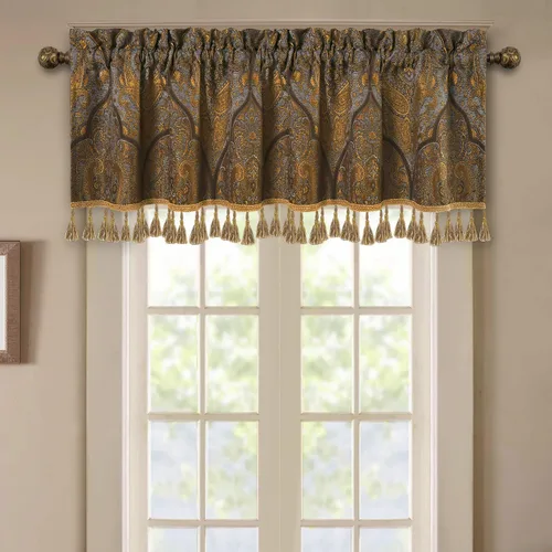 Vista 20 de Loom and Mill Cenefas de jacquard de lujo para ventana de sala de estar, elegante cenefa de cortina de damasco beige con ribete de cuentas, cortina