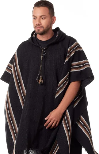 Vista 6 de INTI ALPACA Poncho con capucha de alpaca para hombre, cálido y suave, capa de capa