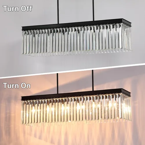 Vista 6 de Candelabro rectangular de cristal, candelabro negro grande y moderno de 6 luces, colgante ajustable, lámparas colgantes de lujo para comedor