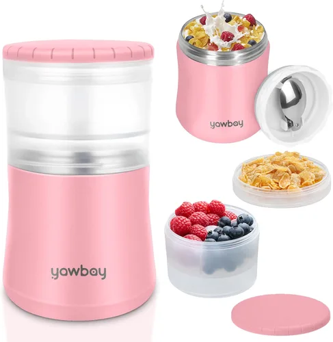 Vista 9 de Contenedor de yogur, recipiente de alimentos aislado, taza de cereales 2 en 1 sobre la marcha, tarro de alimentos aislado de acero inoxidable