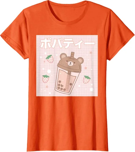 Vista 50 de Camiseta estética Kawaii con diseño de oso lindo y té con leche burbuja, talla S Blanco