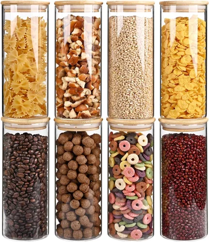 Vista 18 de SHOWIN Tarros de almacenamiento de pasta de vidrio de 73 onzas, tarros altos de vidrio con tapas de bambú, contenedor de espagueti, juego de 3