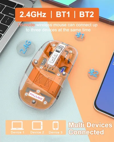 Vista 3 de Atrasee Ratón Bluetooth inalámbrico magnético transparente rosa para laptop, triple modo (USB 2.4 GHz + BT5.0), mouse de computadora recargable